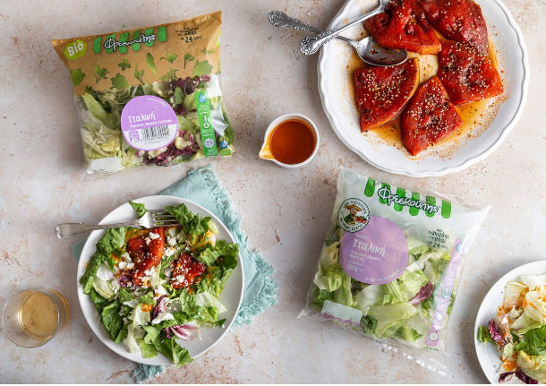 Steaks καρπουζιού & πράσινη σαλάτα με καρπουζένιο ντρέσινγκ και φέτα